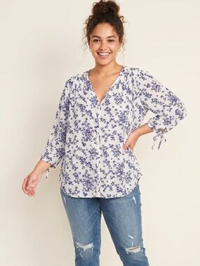 Monday Fun Violet Floral V-Neck Blouse 3X 3/4 Tie Sleeve Plus EUC
